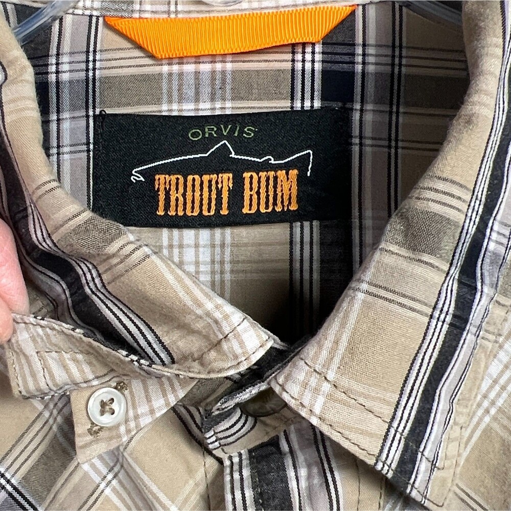 Orvis Trout Bum Sz Mens L Long-Sleeve Snap Western Fishing Shirt Tan Blk Striped - Picture 6 of 14